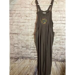 Natural Life Overall Jumpsuit Large Wide Leg Darkest Brown Floral Embroidered